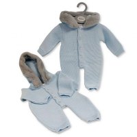 BW-10-1181S: Baby Knitted All in One with Hood and Buttons- Sky (NB-6 Months)