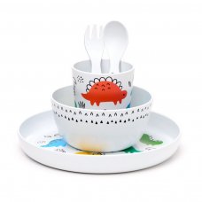 RPSET01: Dinosauria 5 Piece RPET Kids Cup, Bowl, Plate & Cutlery Set