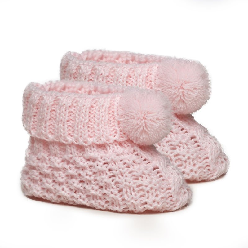 S443-P: Pink Check Bootees w/Pom Pom