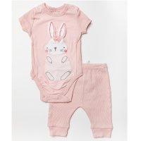 W23907: Baby Girls Bunny Ribbed Bodysuit & Legging (0-12 Months, SEE DESC- Slight Fault)