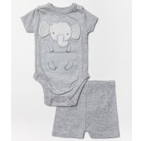 W23911: Baby Unisex Elephant Ribbed Bodysuit & Short (0-12 Months, SEE DESC- Slight fault)