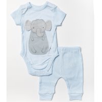 W23912: Baby Boys Elephant Ribbed Bodysuit & Legging (0-12 Months, SEE DESC- Slight Fault)