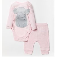 W23913: Baby Girls Elephant Ribbed Bodysuit & Legging (0-12 Months, SEE DESC- Slight Fault)