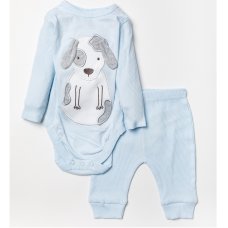 W23916: Baby Boys Puppy Ribbed Bodysuit & Legging (0-12 Months, SEE DESC- Slight Fault)