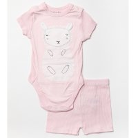 W23920: Baby Girls Sheep Ribbed Bodysuit & Short (0-12 Months, SEE DESC- Slight Fault)