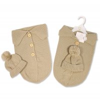 BH-18-0143: Baby Taupe Knitted Swaddle Wrap & Hat Set