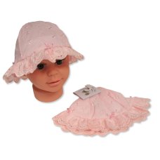 BW-0503-644P: Baby Girls Broderie Anglaise Hat- Pink (0-24 Months)