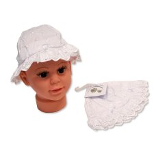 BW-0503-644W: Baby Girls Broderie Anglaise Hat- White (NB-24 Months)