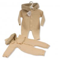 BW-10-1180T: Baby Knitted All in One with Hood and Buttons- Taupe (NB-6 Months)