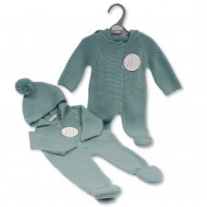 BW-10-1209SG: Baby Knitted All in One with Hood- Sage (NB-6 Months)