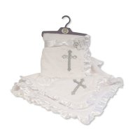 BW-110-1058S: Baby Christening Wrap with Satin Lace Border- Silver Cross