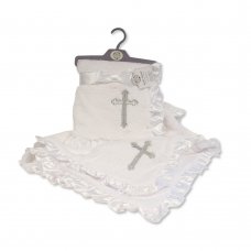 BW-112-1058S: Baby Christening Wrap with Satin Lace Border- Silver Cross