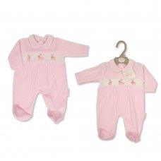 BW-13-382: Baby Girls Bunny Smocked Velour All In One (NB-6 Months)