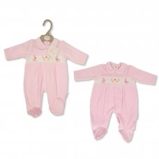 BW-13-384: Baby Girls Bunny & Carrot Smocked Velour All In One (NB-6 Months)