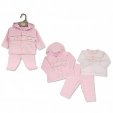BW-13-388: Baby Girls Cuddles Smocked Velour 3 Piece Outfit (NB-6 Months)