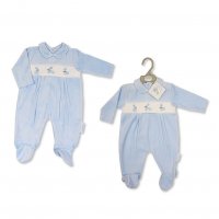 BW-13-389: Baby Boys Bunny Smocked Velour All In One (NB-6 Months)