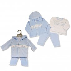 BW-13-395: Baby Boys Cuddles Smocked Velour 3 Piece Outfit (NB-6 Months)
