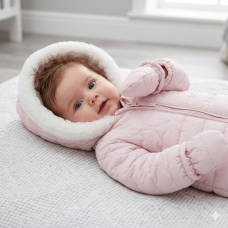 C05743: Baby Girls Snowsuit With Faux Fur Trim & Heart Quilting (0-12 Months)