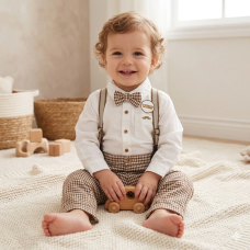 E07767INF: Baby Boys Bodysuit Shirt With Bow Tie & Pant With Braces Outfit (12-24 Months)