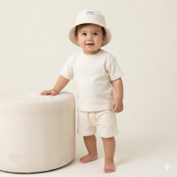 F09346INF: Baby Boys Heavyweight Fabric T-Shirt & Short Outfit With Bucket Hat (12-24 Months)