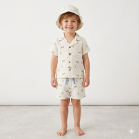 F09820TOD: Boys Muslin Fabric Shirt, Short & Hat Set (3-4 Years)