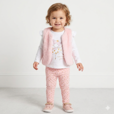 G10882INF: Baby Girls Faux Fur Gilet, Top & Legging Outfit (12-24 Months)