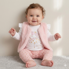 G10882NB: Baby Girls Faux Fur Gilet, Top & Legging Outfit (0-9 Months)