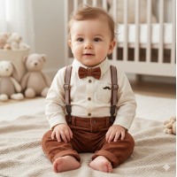G11526INF: Baby Boys Bodysuit Shirt With Corduroy Bow Tie & Pant With Braces Outfit (12-24 Months)