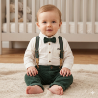 G11527INF: Baby Boys Bodysuit Shirt With Corduroy Bow Tie & Pant With Braces Outfit (12-24 Months)