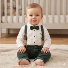 G11527INF: Baby Boys Bodysuit Shirt With Corduroy Bow Tie & Pant With Braces Outfit (12-24 Months)