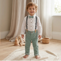G11531TOD: Boys Shirt With Corduroy Bow Tie & Pant With Braces Outfit (2-4 Years)