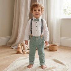 G11531TOD: Boys Shirt With Corduroy Bow Tie & Pant With Braces Outfit (2-4 Years)
