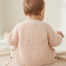 G12761NB: Baby Cream Cotton Knit Cardigan With Embroidery Detail- Hello (0-12 Months)