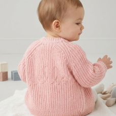 G12762NB: Baby Pink Cotton Knit Cardigan With Embroidery Detail- Hello (0-12 Months)