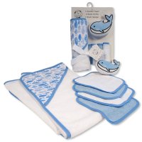 GP-25-1275S: Baby Whale 6 Piece Hooded Towel, Washcloths & Wash Sponge Set