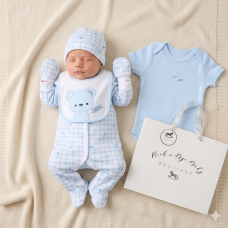 H12814NB: Baby Boys Bear 6 Piece Mesh Bag Gift Set (NB-6 Months)