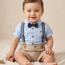 H12884: Baby Boys Bodysuit Shirt With Bow Tie & Shorts With Braces Outfit (9-24 Months)