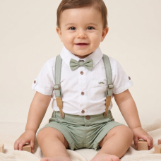 H12890: Baby Boys Bodysuit Shirt With Bow Tie & Shorts With Braces Outfit (9-24 Months)