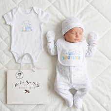 H13294NB: Baby Boys 6 Piece Mesh Bag Gift Set- Best Little Brother (NB-6 Months)