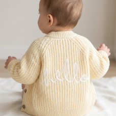 H13666NB: Baby Lemon Cotton Knit Cardigan With Embroidery Detail- Hello (3-12 Months)