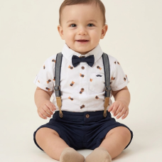 H13840: Baby Boys Bodysuit Shirt With Bow Tie & Shorts With Braces Outfit (9-24 Months)