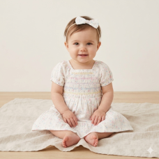 H14290INF: Baby Girls Smocked Dress & Headband Set (9-24 Months)