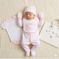 H15027NB: Baby Girls "hello sweet Girl" 6 Piece Mesh Bag Gift Set (NB-6 Months)