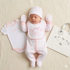 H15027NB: Baby Girls "hello sweet Girl" 6 Piece Mesh Bag Gift Set (NB-6 Months)