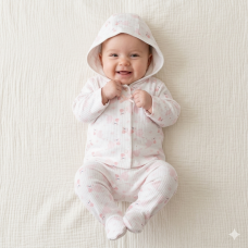 J13805: Baby Girls Stork Ribbed AOP Jacket & Footed Pant Outfit (0-6 Months)