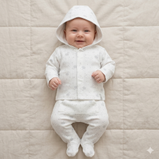 J13809:  Baby Unisex Clouds Ribbed AOP Jacket & Footed Pant Outfit (0-6 Months)