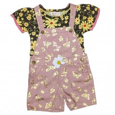 LL02: Girls T-Shirt & Dungaree Outfit- Lemon Floral (2-6 Years)
