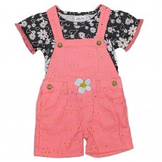 LL04: Girls T-Shirt & Dungaree Outfit- Coral/ Floral (2-6 Years)