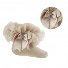 GS114-BE: Beige Plain Socks w/Organza Lace & Bow (NB-6 Months)