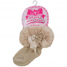 GS114-BE: Beige Plain Socks w/Organza Lace & Bow (NB-6 Months)